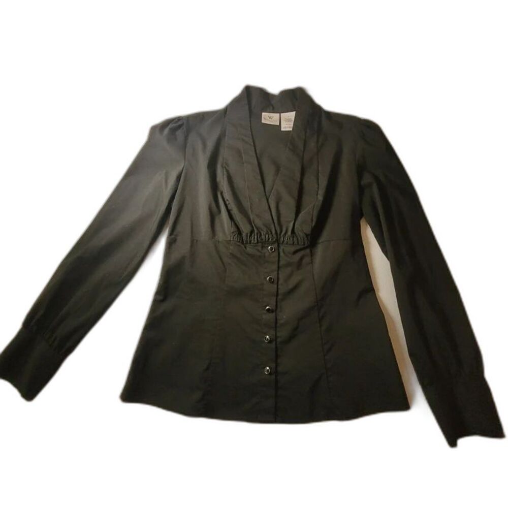 Worthington Stretch Black V‑Neck Button‑Front Blouse – Women’s Size 4